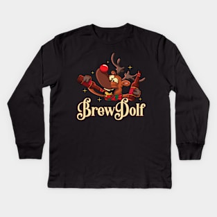 Brewdolph Funny Drinking Reindeer Christmas Kids Long Sleeve T-Shirt